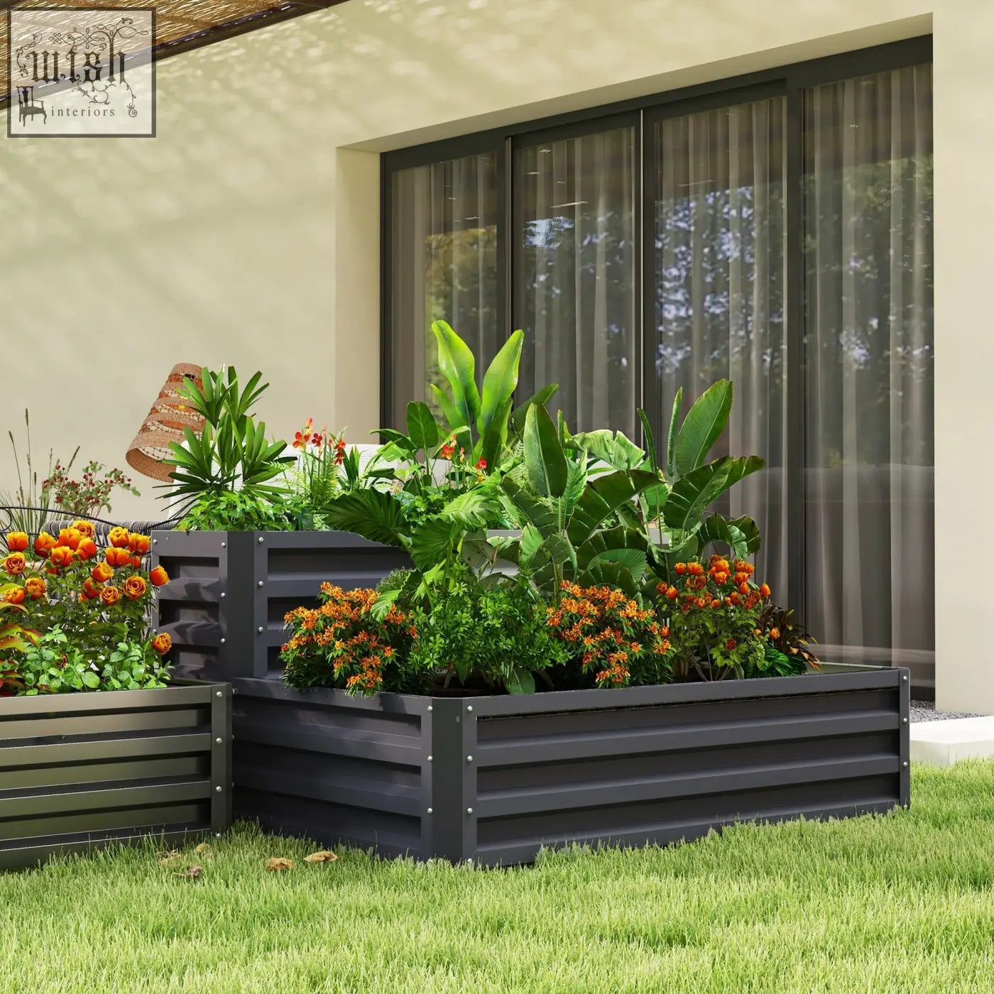 Dark grey galvanised steel 2 tier raised garden bed with lush plants and orange flowers for veggies and herbs