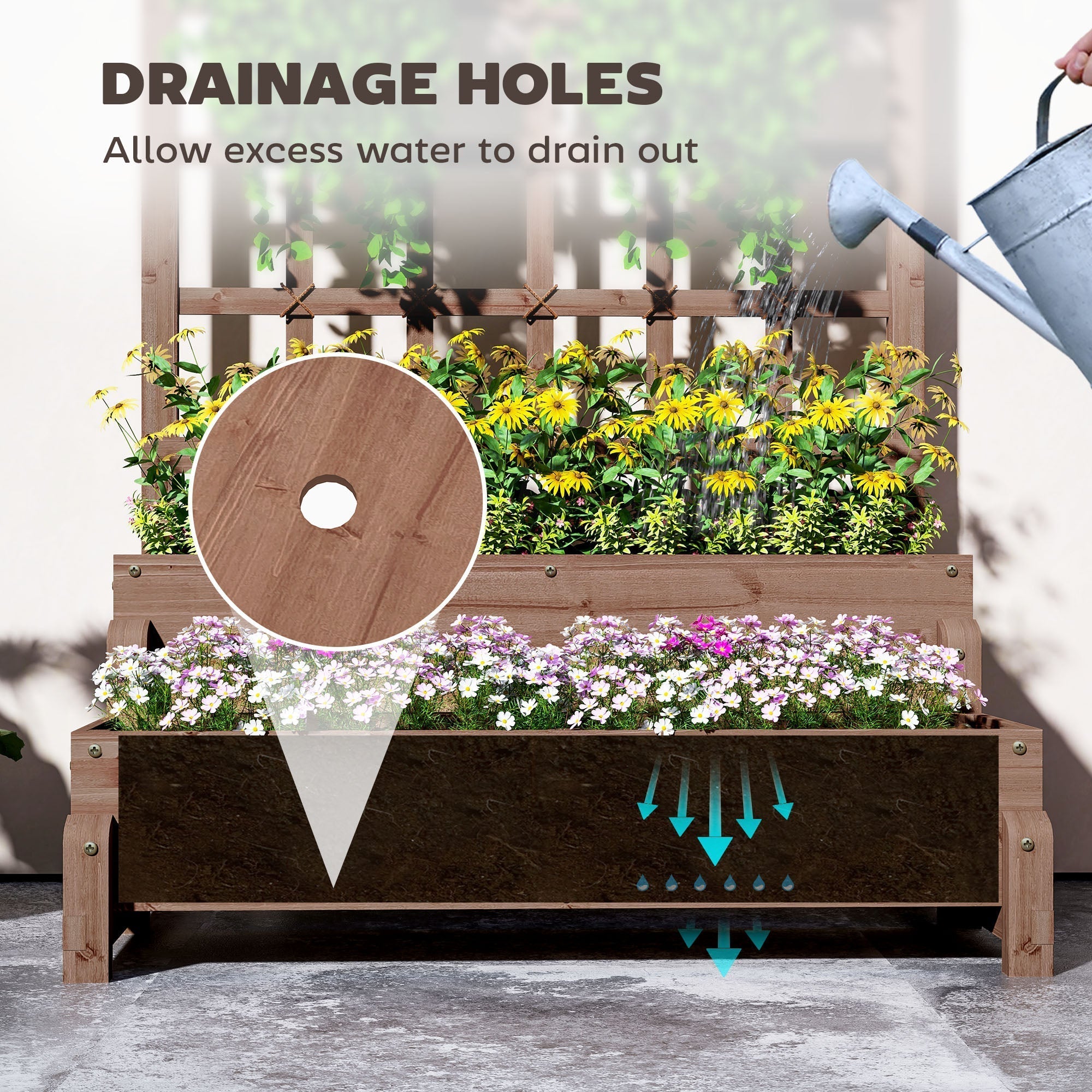 Outsunny two-tiered planter box with drainage holes made of brown fir wood for vegetables flowers and climbing plants