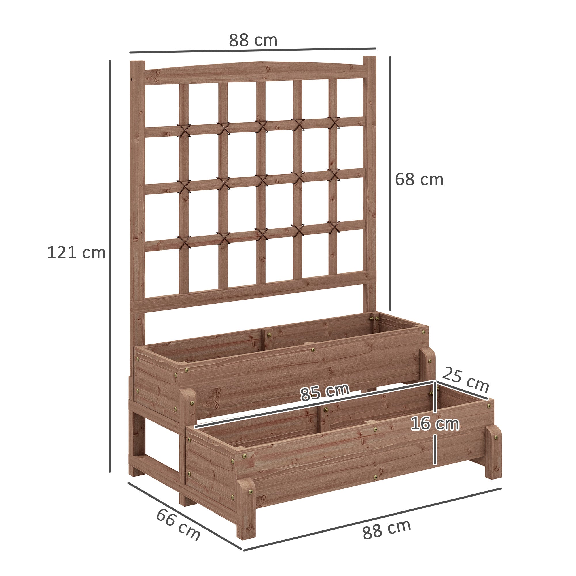 Brown fir wood planter box with drainage holes featuring two tiers and an integrated trellis for climbing plants