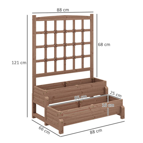 Brown fir wood planter box with drainage holes featuring two tiers and an integrated trellis for climbing plants