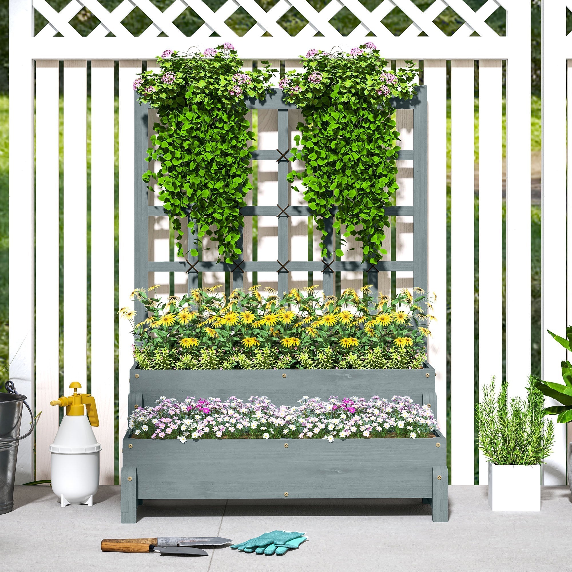 Gray fir wood planter box with drainage holes and trellis featuring flowering plants and cascading green vines