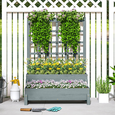 Gray fir wood planter box with drainage holes and trellis featuring flowering plants and cascading green vines