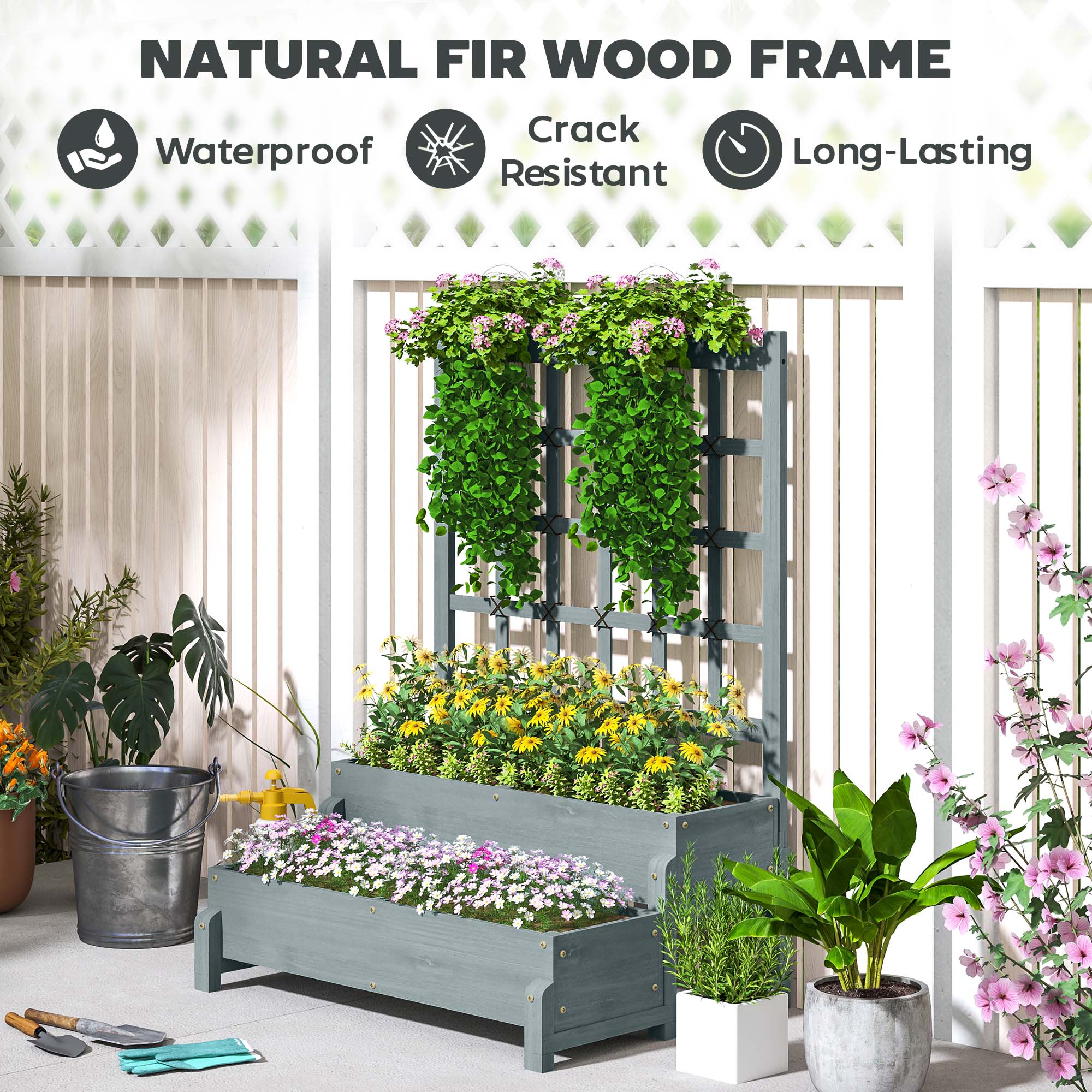 Gray natural fir wood planter box with vertical trellis, tiered levels, and drainage holes for outdoor plants
