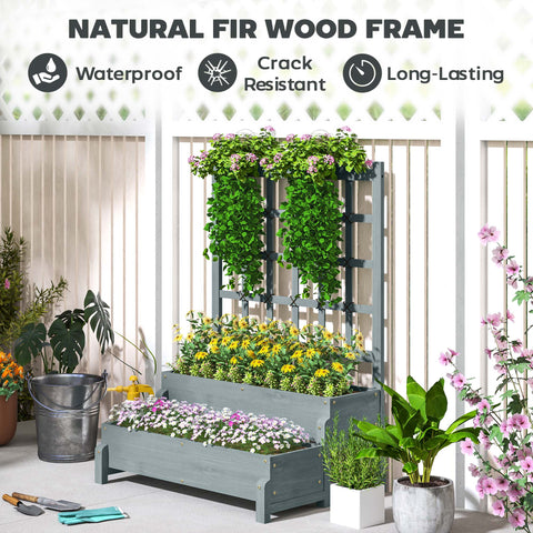 Gray natural fir wood planter box with vertical trellis, tiered levels, and drainage holes for outdoor plants