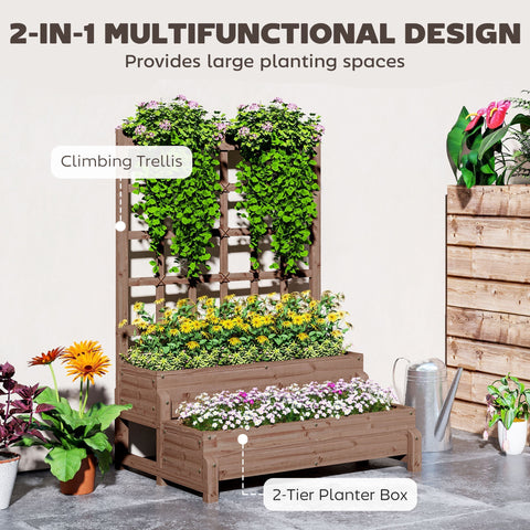 Brown fir wood planter box with 2 tiers, integrated climbing trellis, and drainage holes for outdoor gardening