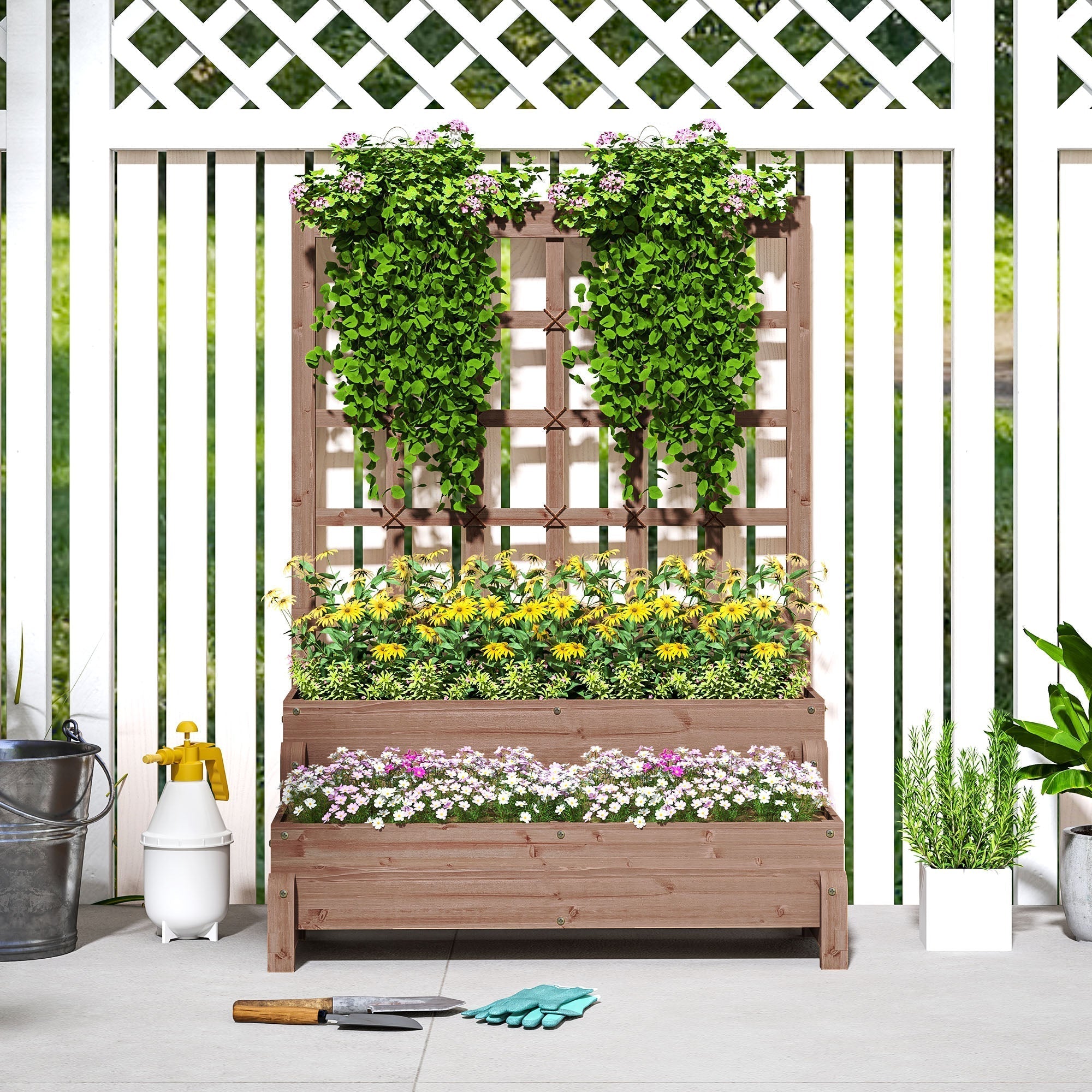 Outsunny 2-tier wooden planter box with drainage holes made of fir wood featuring lush vines and colorful flowers