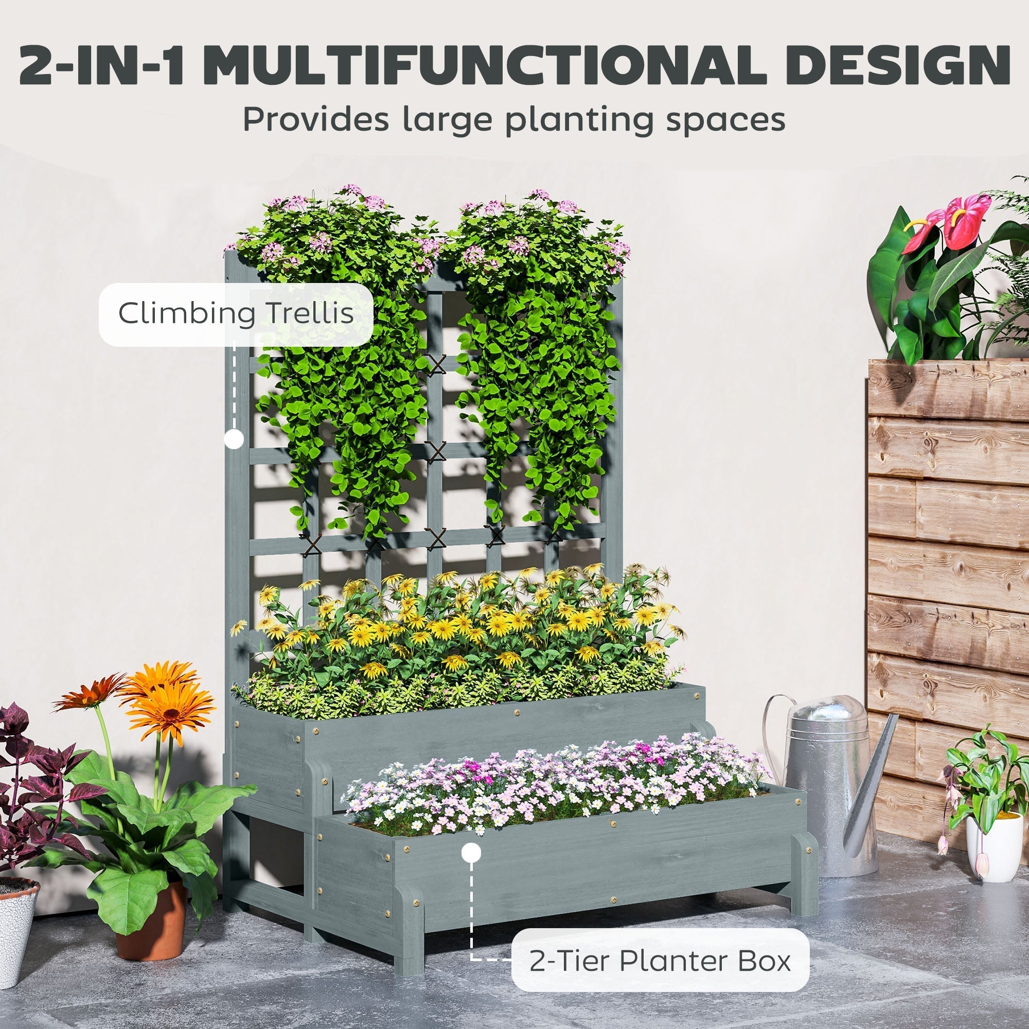 Gray fir wood 2-tier planter box with drainage holes and climbing trellis for fruits vegetables and flowers outdoors