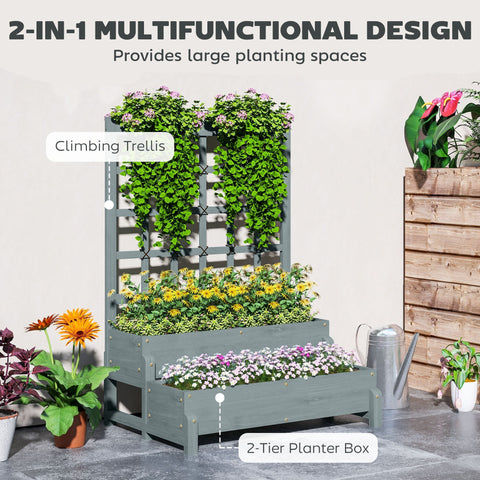 Gray fir wood 2-tier planter box with drainage holes and climbing trellis for fruits vegetables and flowers outdoors