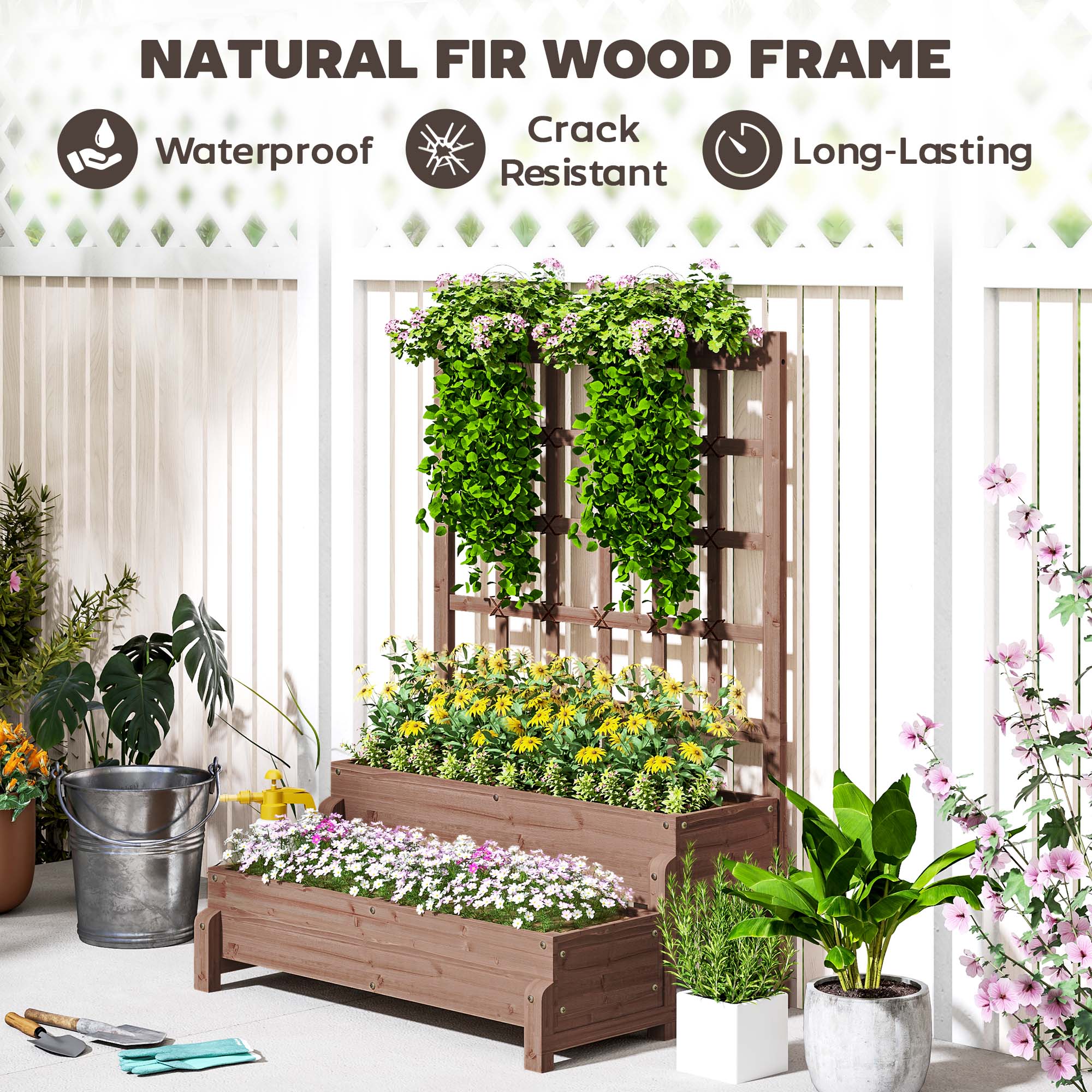 Brown fir wood planter box with drainage holes featuring a 2-tier raised garden bed and vertical trellis for vines