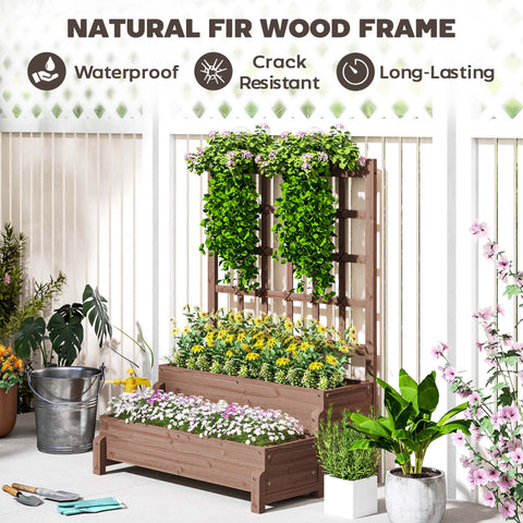 Brown fir wood planter box with drainage holes featuring a 2-tier raised garden bed and vertical trellis for vines
