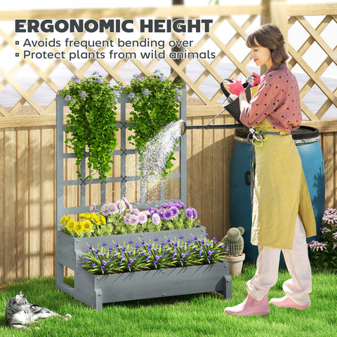 Gray fir wood planter box with integrated trellis two-tiered sections and drainage holes for outdoor plants