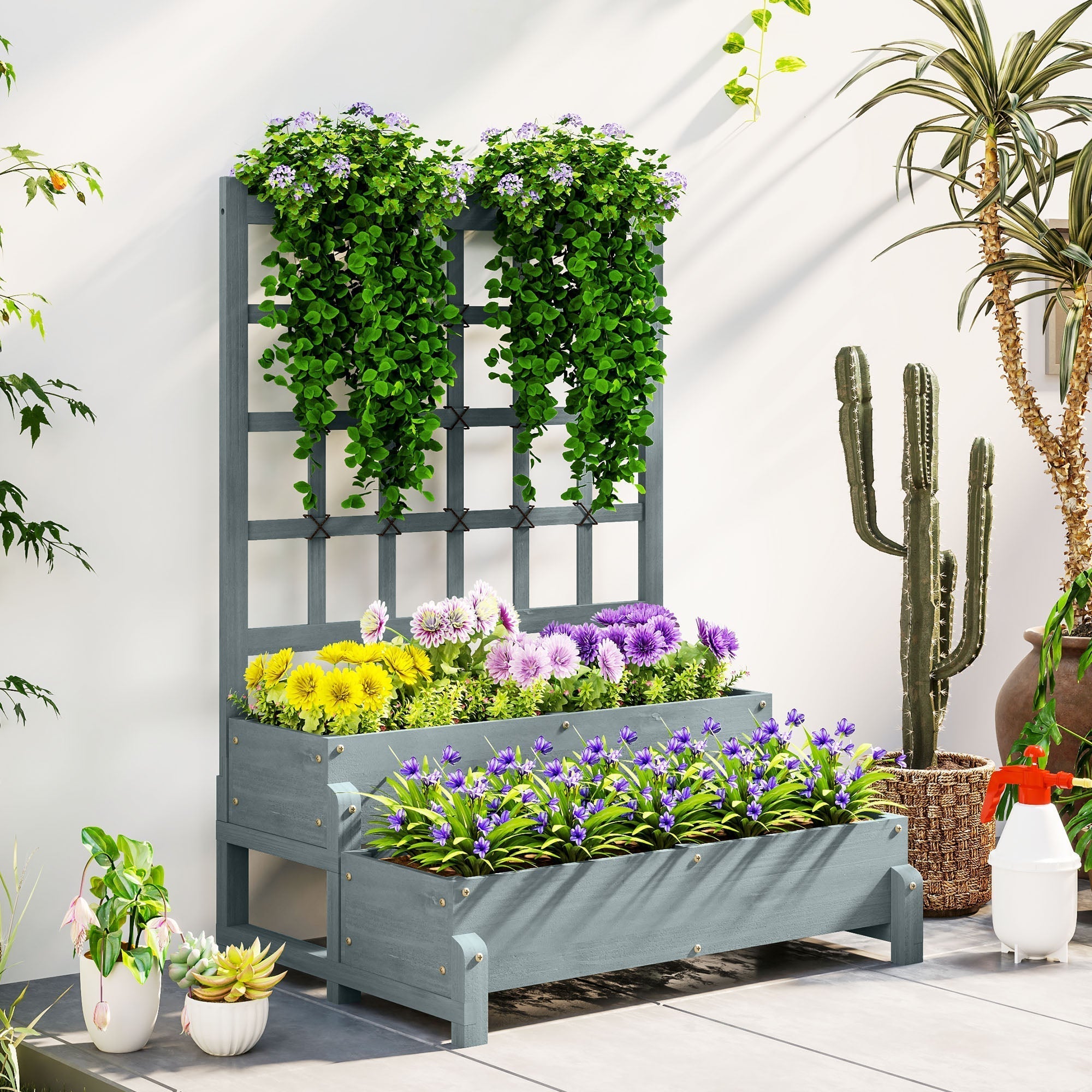 Gray fir wood outsunny planter box with drainage holes 2-tier raised garden bed and lattice trellis filled with flowers