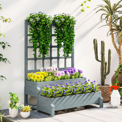 Gray fir wood outsunny planter box with drainage holes 2-tier raised garden bed and lattice trellis filled with flowers