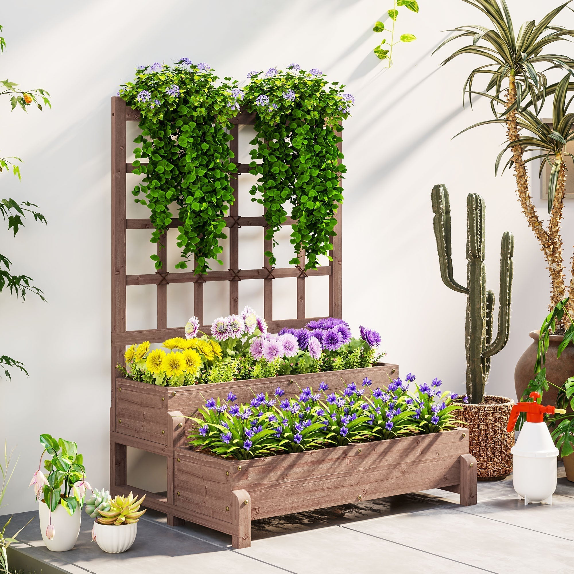 Brown fir wood planter box with two tiers trellis and drainage holes filled with vibrant yellow purple and white flowers
