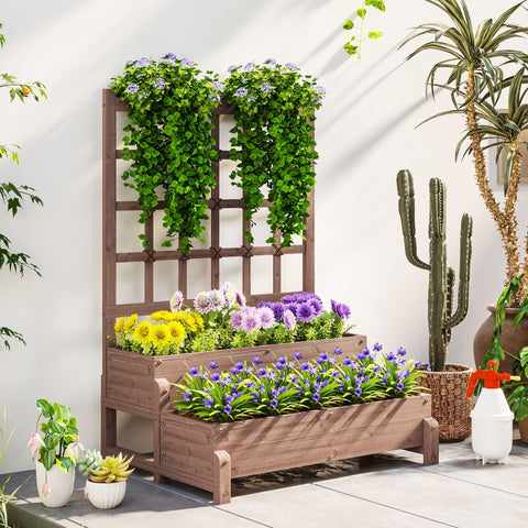 Brown fir wood planter box with two tiers trellis and drainage holes filled with vibrant yellow purple and white flowers
