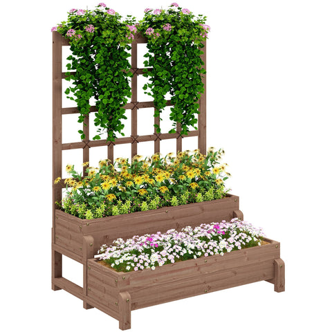 Brown outsunny 2-tier fir wood planter box with drainage holes and trellis filled with flowers and climbing vines