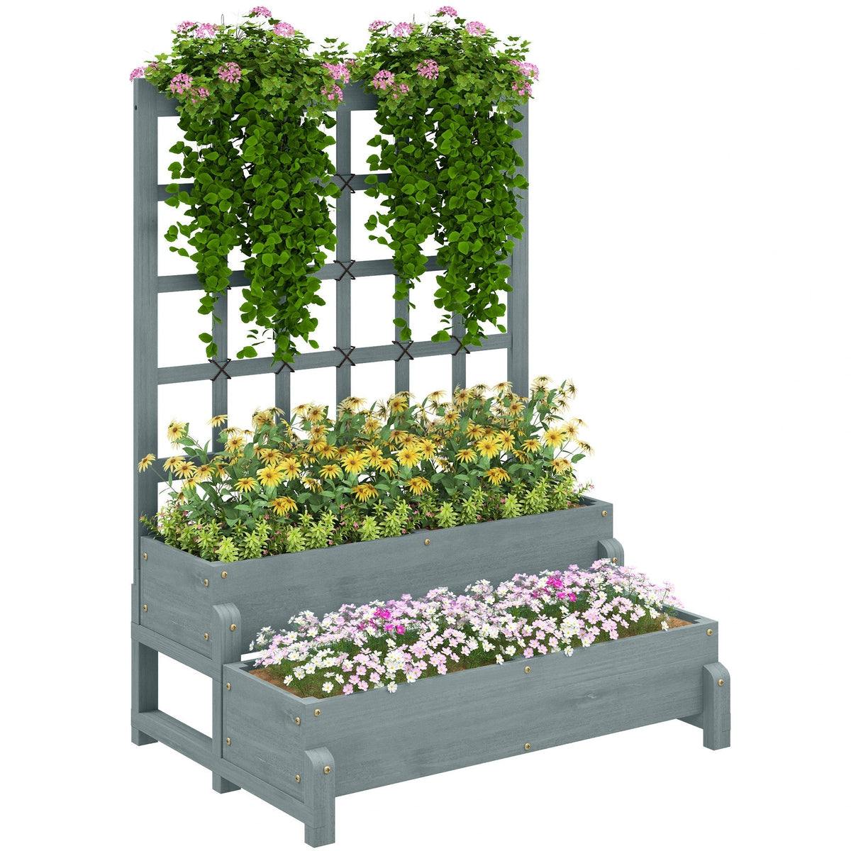 Gray fir wood planter box with drainage holes featuring two tiers and a trellis for climbing plants and flowers