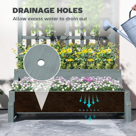 Gray wooden two-tiered planter box with drainage holes made of fir wood and a metal watering can nearby