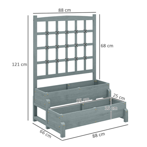 Gray fir wood planter box with lattice trellis, two tiered storage, and drainage holes for gardening outdoors