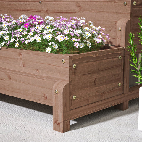 A sturdy light brown fir wood planter box with hinged lid brass screws and drainage holes for outdoor gardening