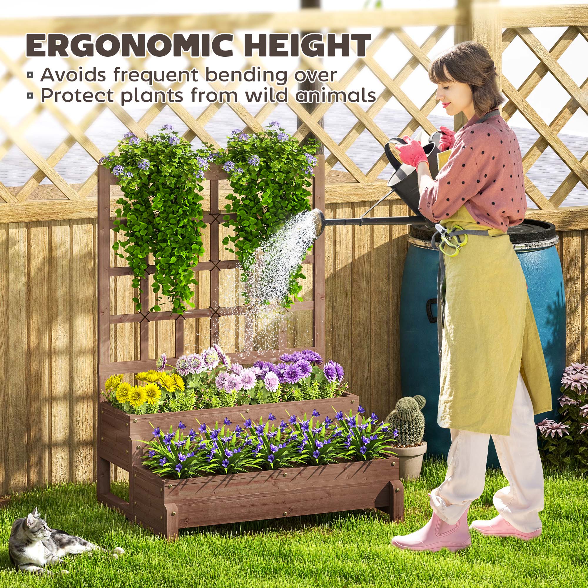 Brown fir wood planter box with vertical trellis and drainage holes for outdoor climbing plants and vegetables