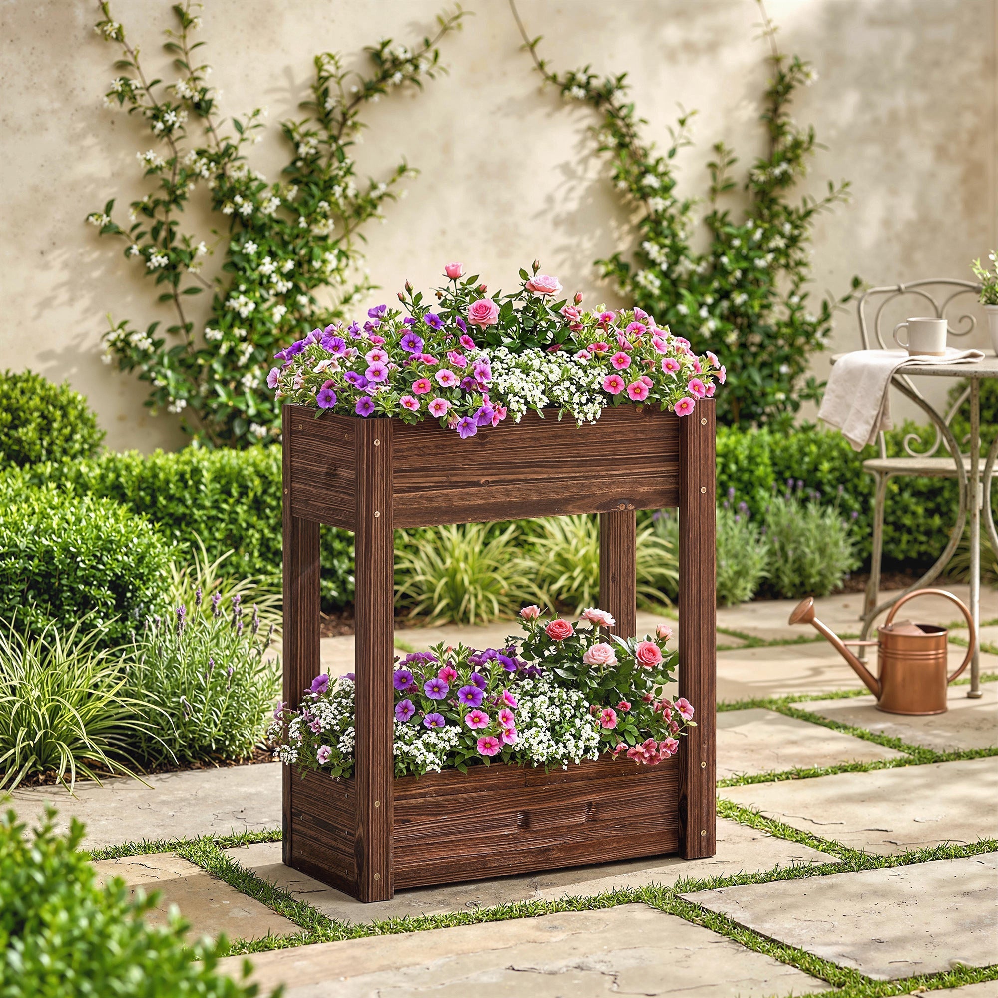 Outsunny 2-tier raised planter with rich brown fir wood garden bed filled with vibrant purple and pink petunias
