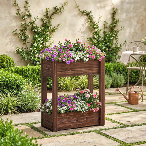 Outsunny 2-tier raised planter with rich brown fir wood garden bed filled with vibrant purple and pink petunias
