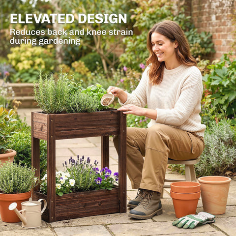 Outsunny dark brown fir wood 2-tier raised planter garden bed with drainage holes and liners for herbs and flowers