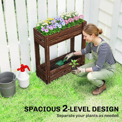 Brown fir wood raised planter with two levels and vibrant petunias in the garden bed by Outsunny