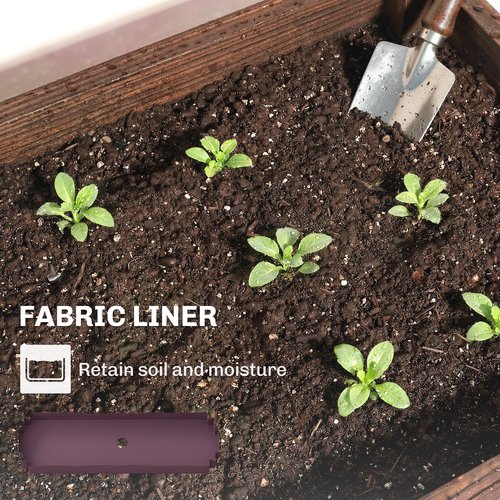 Purple fabric liner in raised planter made of fir wood for retaining soil and moisture in garden bed
