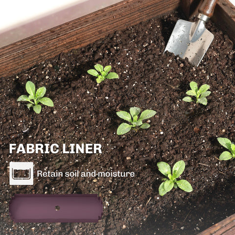 Purple fabric liner in raised planter made of fir wood for retaining soil and moisture in garden bed