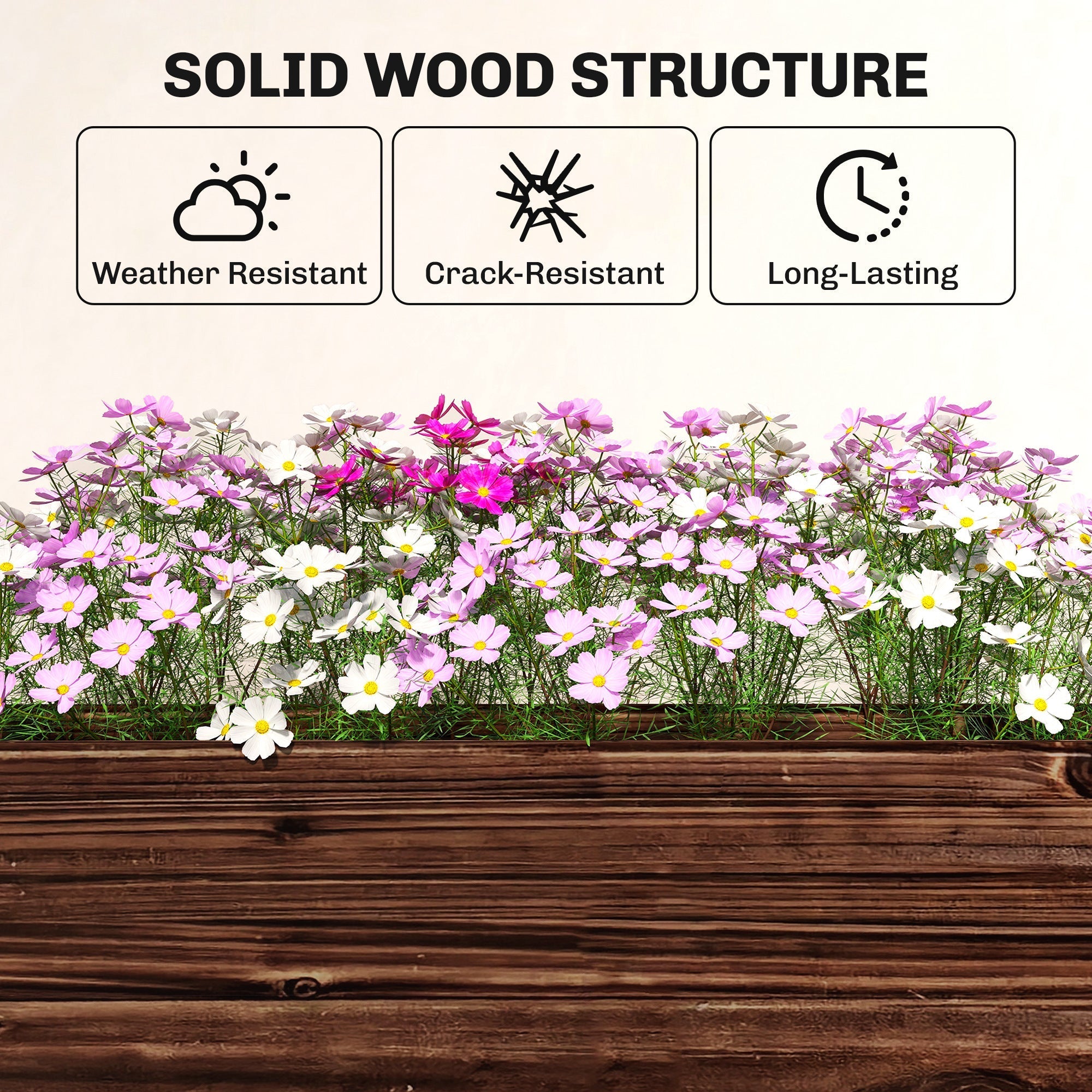 Rustic brown fir wood raised planter box with drainage holes filled with vibrant pink white and purple cosmos flowers