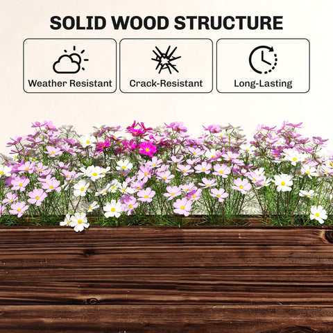 Rustic brown fir wood raised planter box with drainage holes filled with vibrant pink white and purple cosmos flowers