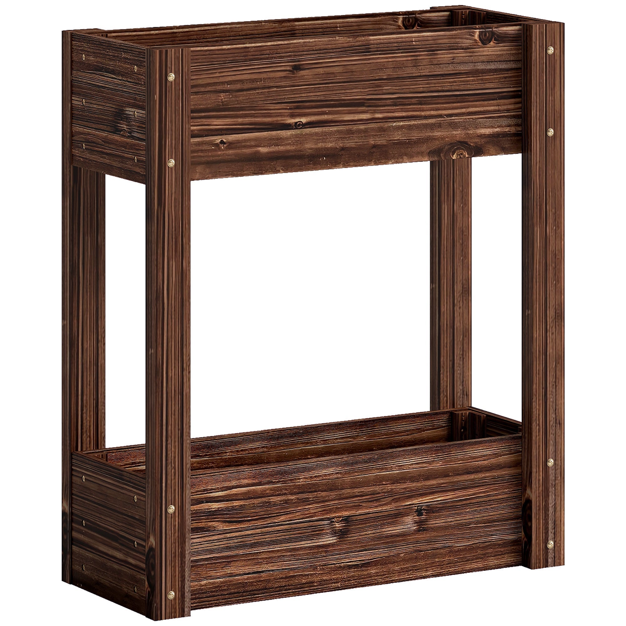 Dark brown fir wood raised planter with two tiers, rustic weathered finish, drainage holes and bed liner for garden bed use