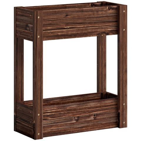 Dark brown fir wood raised planter with two tiers, rustic weathered finish, drainage holes and bed liner for garden bed use