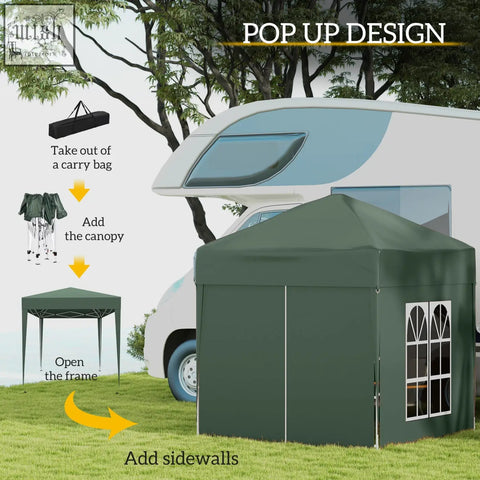 Dark green outsunny 2 x 2 m garden pop up gazebo with steel frame arched windows and carry bag for easy transport