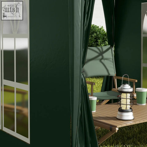 Dark green outsunny garden pop up gazebo with steel frame and white window panels showing wooden table and lantern inside