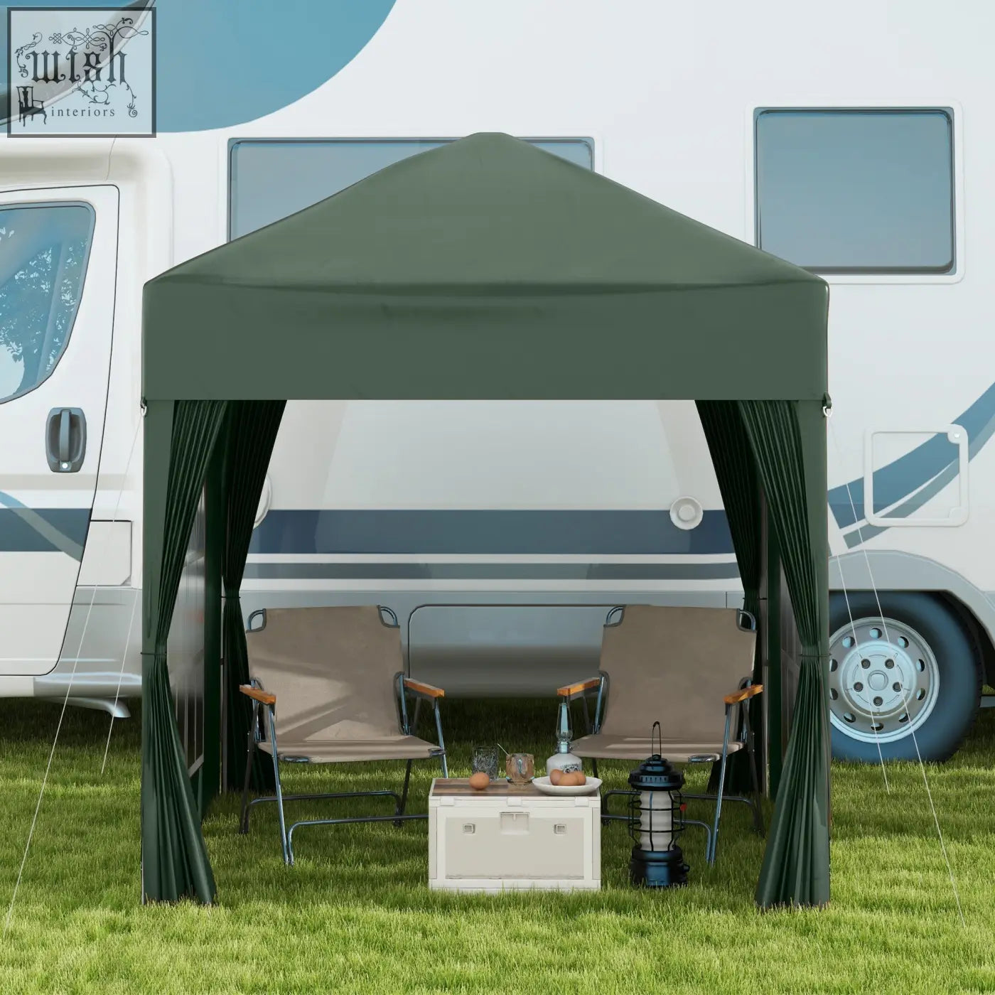 Dark green outsunny 2x2 m pop up gazebo with steel frame and side curtains set up outdoors near an rv with carry bag