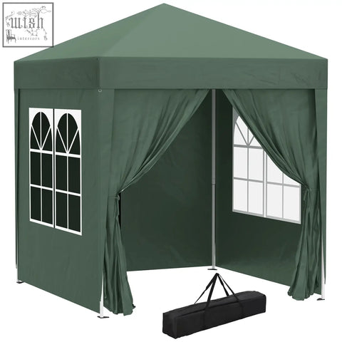 Dark green Outsunny 2 x 2 m pop up gazebo with steel frame arched windows fabric curtains and carry bag