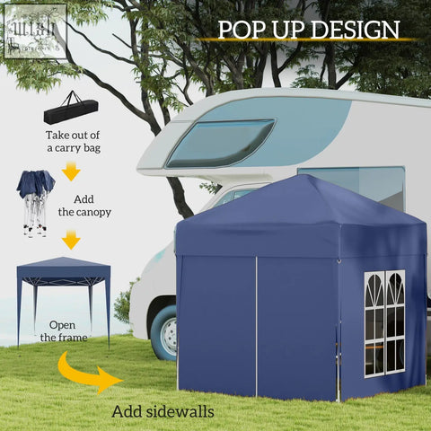 Blue outsunny 2 x 2 m garden pop up gazebo with steel frame, arched window panels, sidewalls, and carry bag
