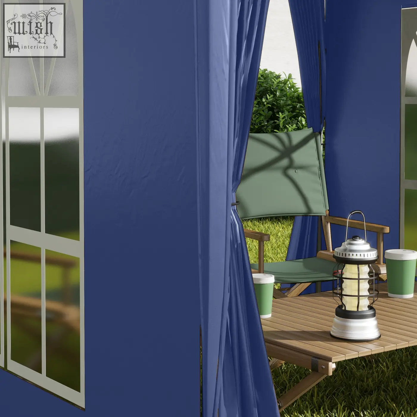 Blue fabric tent curtain of outsunny 2x2 m garden pop up gazebo with steel frame and carry bag, green chair and lantern inside