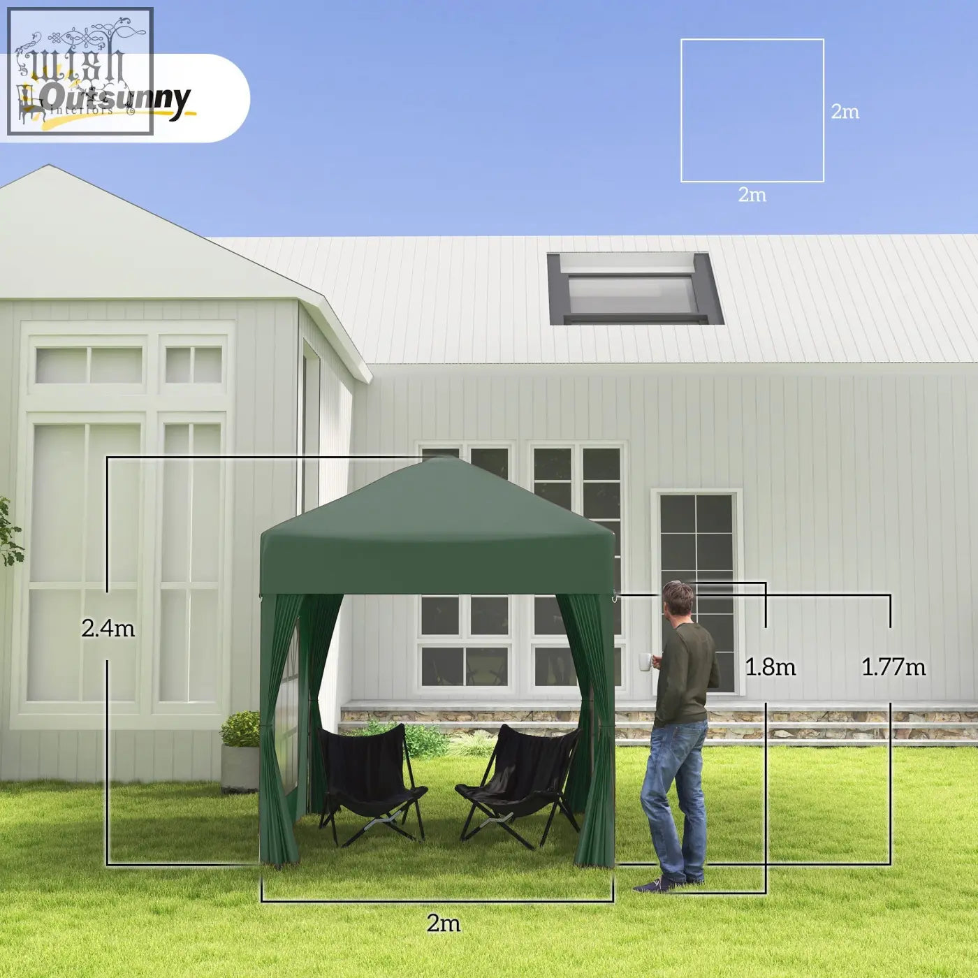 Dark green outsunny 2 x 2 m pop up gazebo with steel frame, matching side curtains, peaked roof, and carry bag