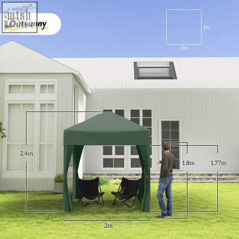 Dark green outsunny 2 x 2 m pop up gazebo with steel frame, matching side curtains, peaked roof, and carry bag