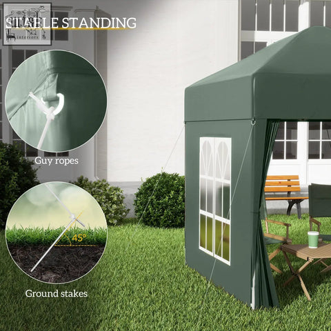 Dark green outsunny 2x2 m garden pop up gazebo with window panels side curtains steel frame means easy setup carry bag included