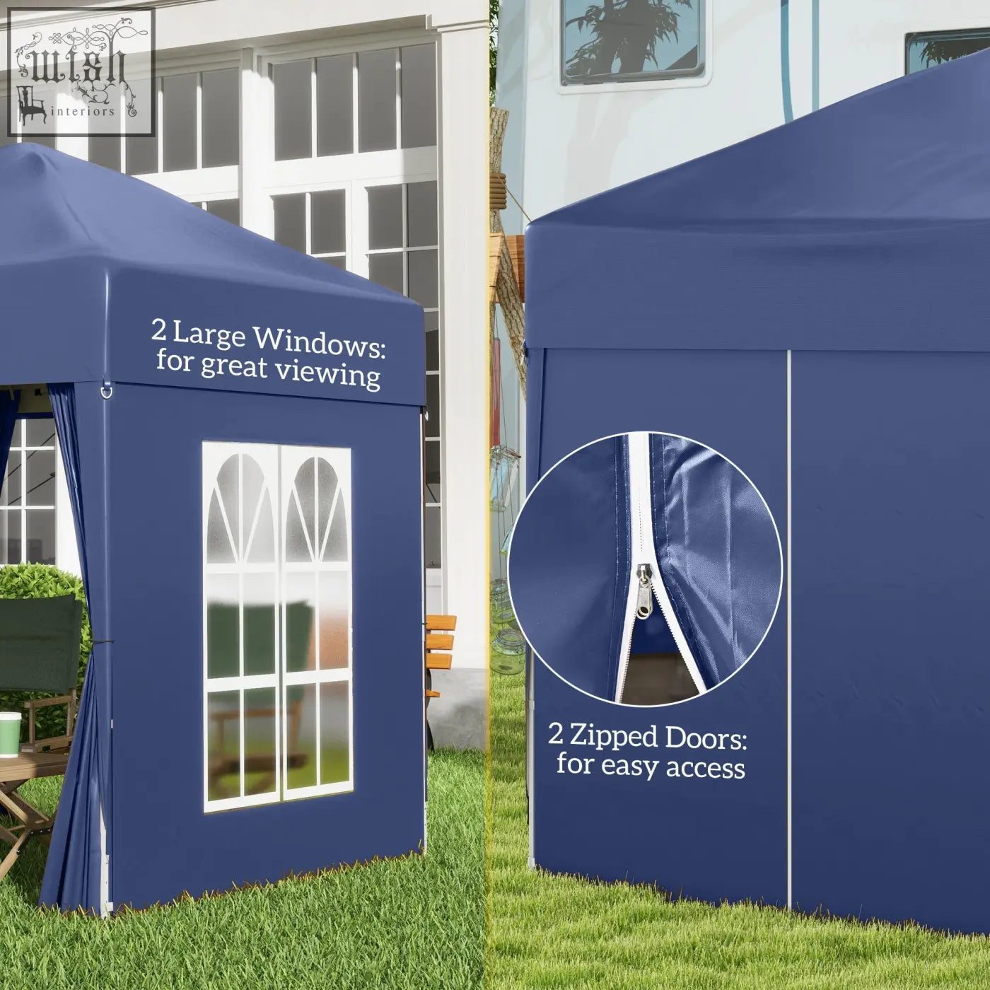 Navy blue outsunny 2x2 m pop up gazebo with steel frame, two large windows, zipped doors, and carry bag for easy transport