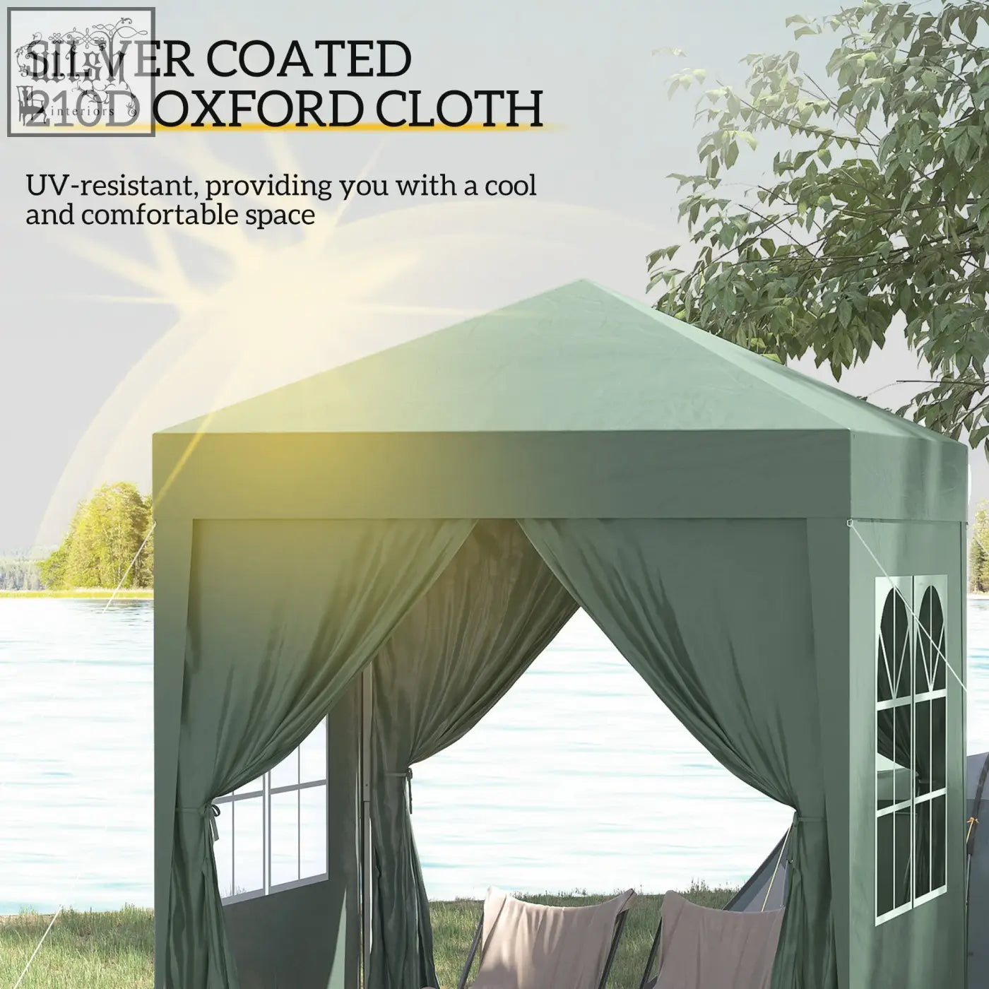 Green canopy gazebo with steel frame and silver-coated 210d oxford cloth sides comes with carry bag for easy transport