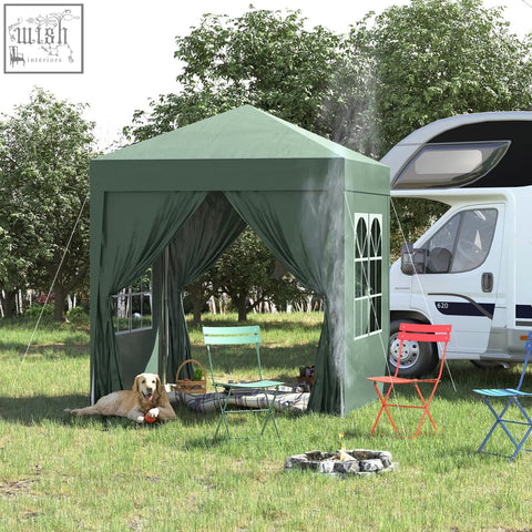 Green outsunny 2 x 2 m garden pop up gazebo with steel frame, fabric curtains, window panels, and carry bag