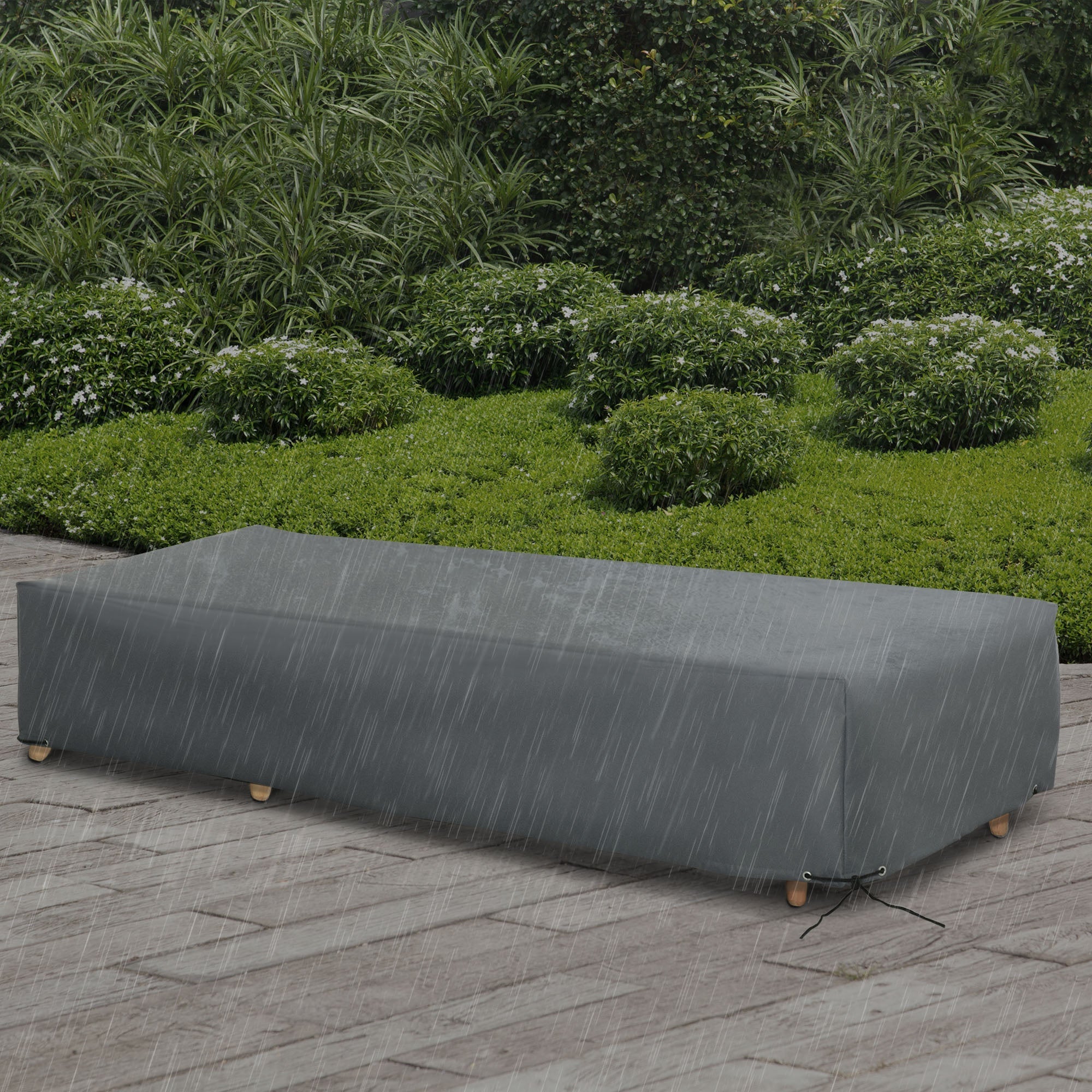 Gray outsunny outdoor garden rattan furniture cover with wooden feet and black drawstring ties made of high density oxford fabric
