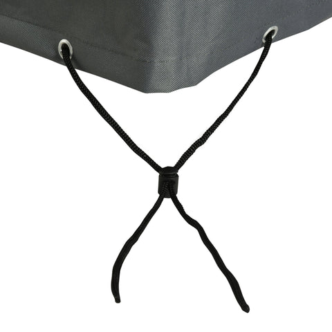 Black braided rope with toggle threaded through metal grommets on dark grey high density oxford fabric cover