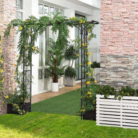 Black metal arbor with elegant scrollwork and climbing vines showcasing rustic charm for garden and weddings
